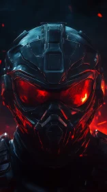 Armored sci fi soldier helmet with glowing red visor front