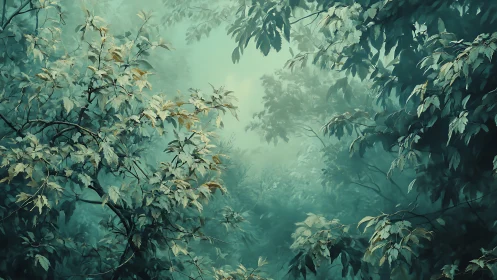 Soft mist drifting through a tranquil teal forest canopy.