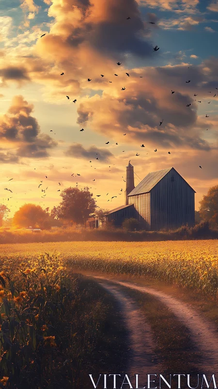 Sunlit country barn beside winding field path at dusk.
