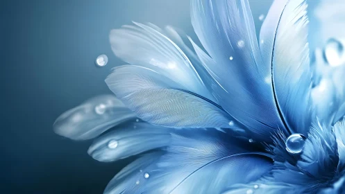 Blue feathers with water droplets in close digital focus.