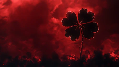 Four leaf clover silhouette against intense red sky.