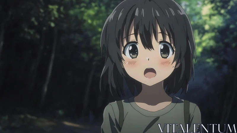 Anime character stands in shaded forest path environment