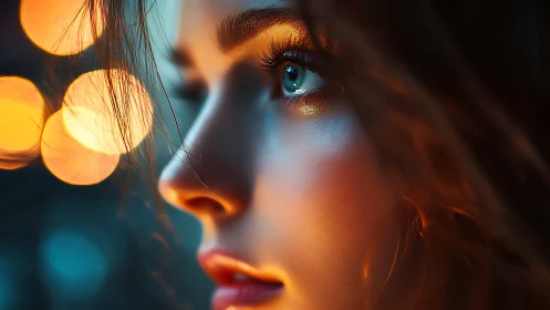 Soft city lights reflected in a quiet, wondering gaze.