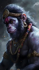 Majestic monkey warrior wrapped in stormlit devotion.
