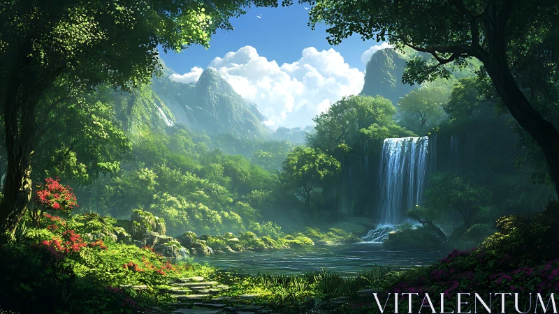 Lush rainforest waterfall vista in luminous digital painting style.