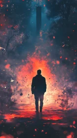 Silhouetted figure approaches monolithic portal amid fiery haze