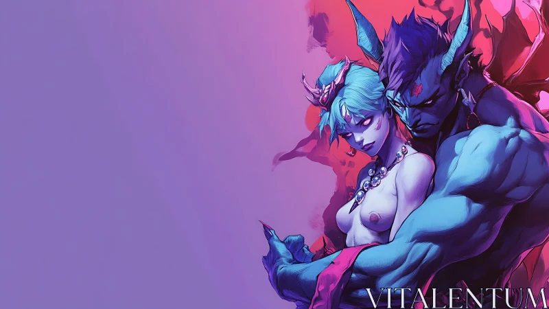 Horned fantasy couple in stylized neon embrace.