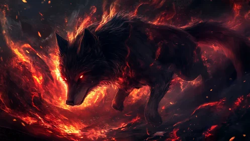 Inferno wolf strides through embers of a collapsing night.