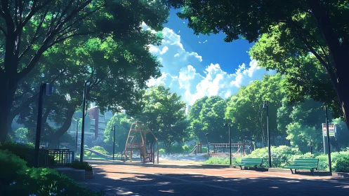 Sunlit urban park playground under lush summer canopy.