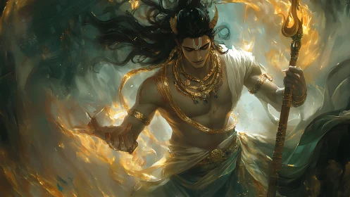 Radiant fire-wielding guardian wrapped in swirling golden light.