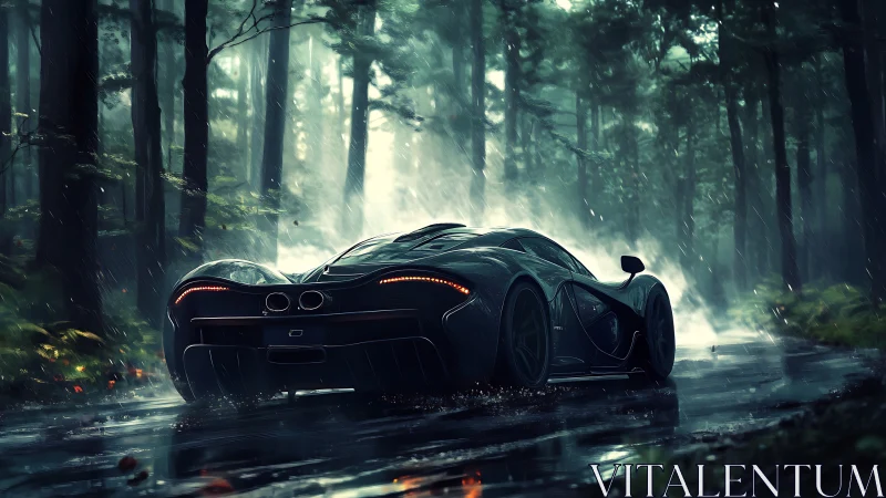 Storm-lashed hypercar slices through a shadowed forest road.