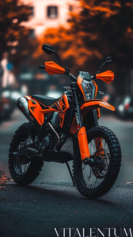 Ember orange street-dirt motorcycle poised for urban escape.