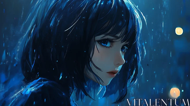 Nocturnal rainlit portrait with reflective bokeh acoustics.