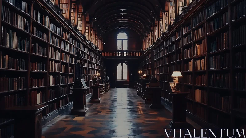 Vaulted historic library corridor under warm lamplight.