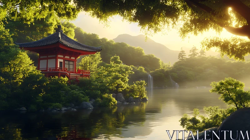 Lakeside Japanese pagoda in luminous sunrise forest light.