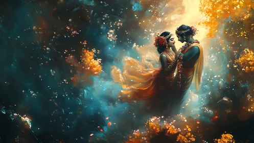 A Magical Embrace: Two Souls Suspended in Golden Light.