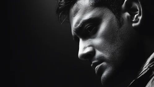 Moody monochrome male portrait with dramatic rim light.