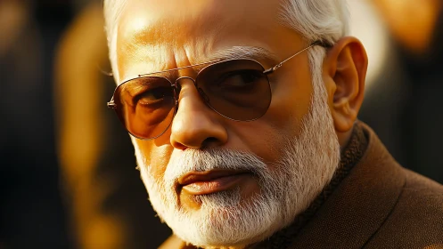 Close portrait of older man with sunglasses in warm light