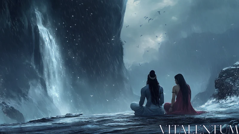 Lovers sit beneath a stormy waterfall in a misted gorge