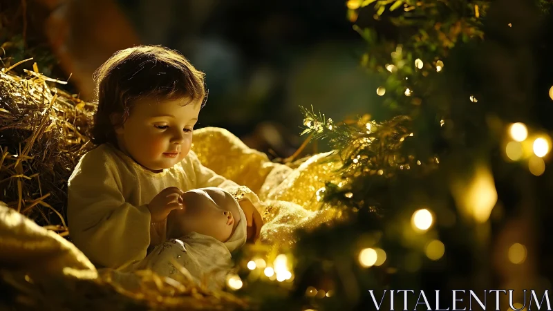 Gentle child cradles a baby doll in warm golden holiday light