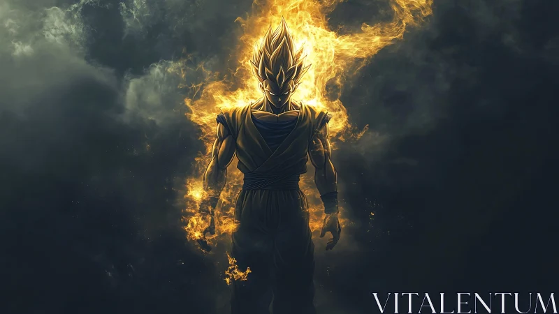Fiery anime warrior stands in glowing power aura.