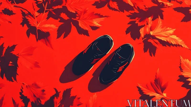 Black sneakers centered on bold red leaf background.