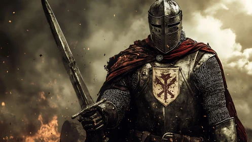 Armored medieval knight with sword in smoky battlefield setting.