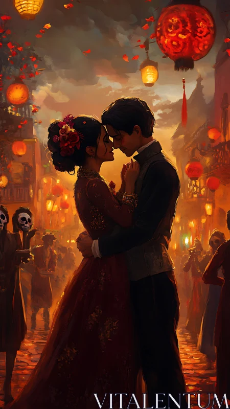 Silhouetted Romance Amid Burning Festival Lanterns and Autumn Haze