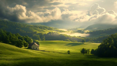 Golden light rolls over quiet farmhouse and green hills