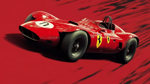 Vintage red race car rockets across bold crimson track.
