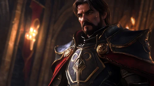 Armored knight in cathedral light with highly detailed metal shaders