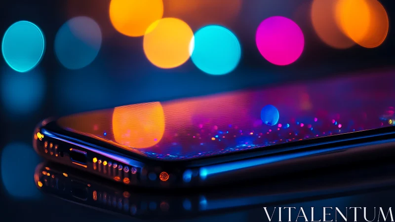 Neon smartphone glows under colorful bokeh city lights