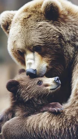 Brown bear mother cuddling cub in close woodland portrait.