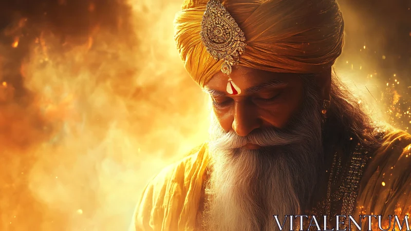 Elderly turbaned man in golden robes against fiery light.