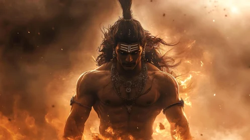 Fiery warrior deity strides forward through swirling embers