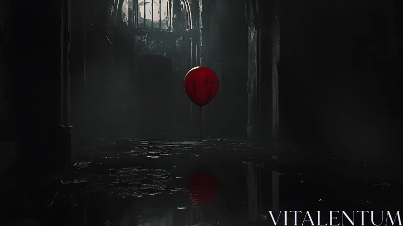 Red balloon in dark ruined hall with eerie reflected light.