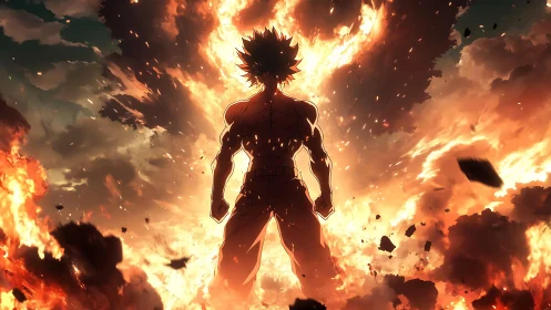 Fiery anime hero rising strong from a storm of flames.