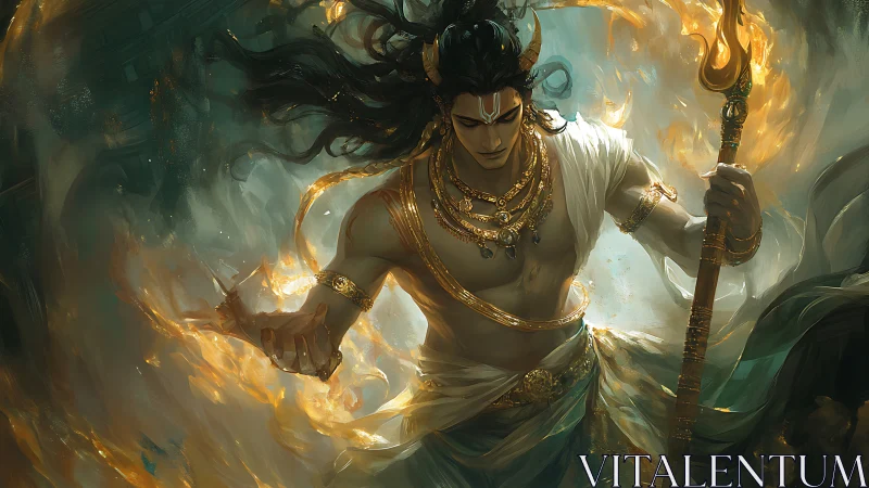 Radiant fire-wielding guardian wrapped in swirling golden light.