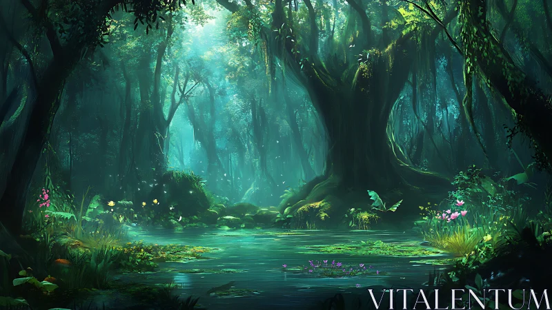 Enchanted Forest Clearing with Luminous Aquatic Path Through Ancient Woodland