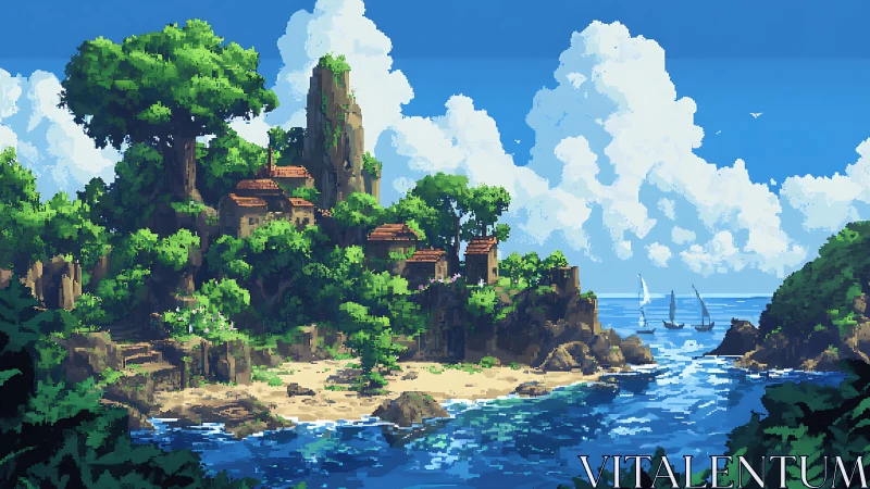 Pixel art island ruins with tropical vegetation and sailboats.