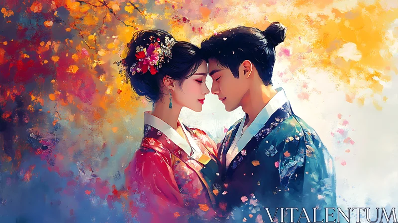 Two figures in traditional Asian garments with intimate pose