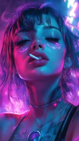 Neon-lit girl exhales smoke under electric cyberpunk glow.