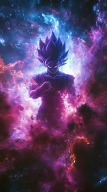 Cosmic anime warrior surrounded by glowing nebula energy.