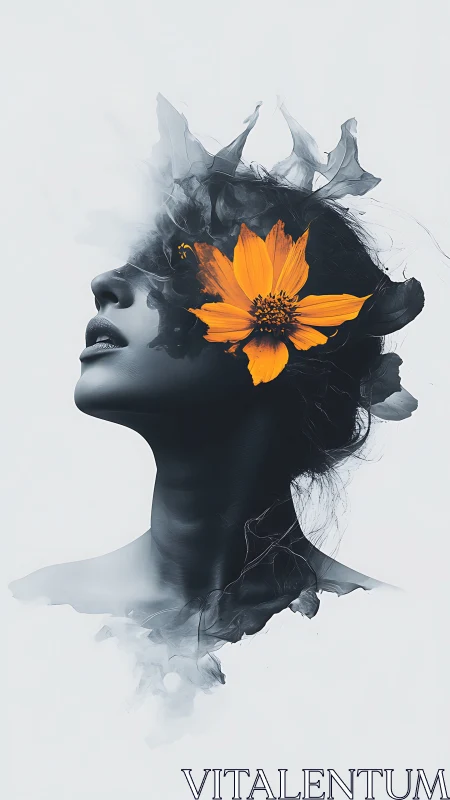 Monochrome female profile with high-saturation floral interface.