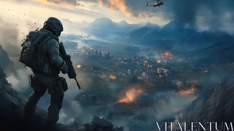 Lone soldier overlooking burning futuristic valley cityscape.