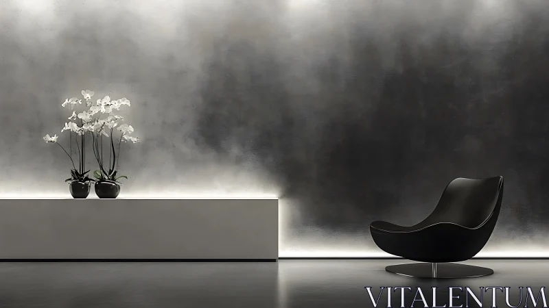 Minimalist lounge with black chair and orchids decor.