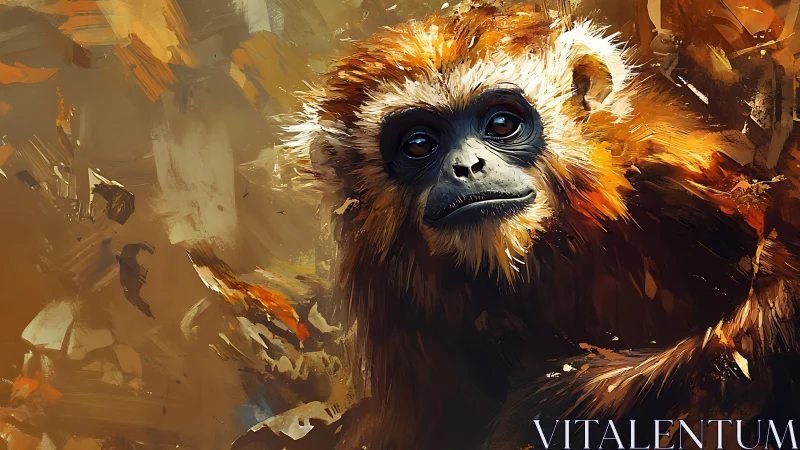 Golden-furred monkey gazes forward amid abstract strokes