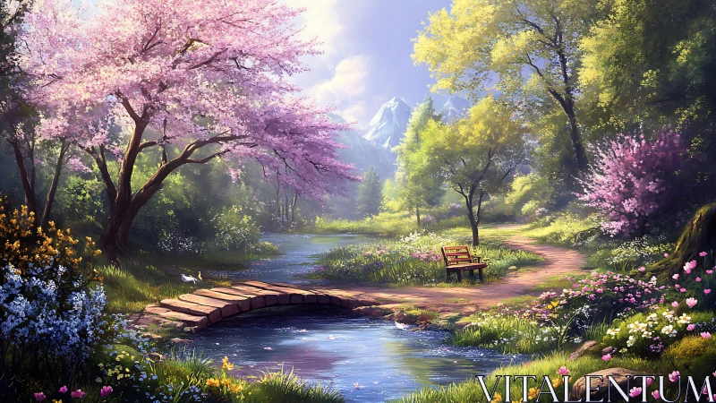 Tranquil Spring Garden With Blossoming Trees And Wooden Bridge.