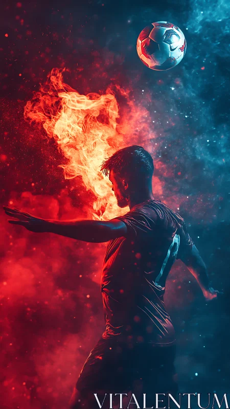 Fiery soccer striker drives ball through red blue smoke