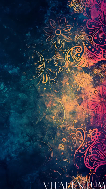 Ornate floral swirls on textured blue and orange gradient.